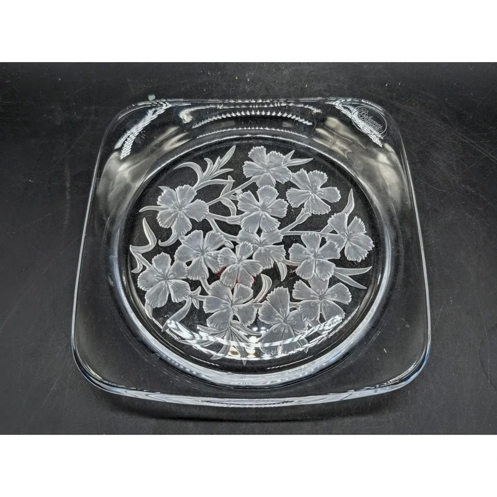 Vintage Bahamas Princess Frosted Floral Clear Glass Square‎ Serving Tray Dish